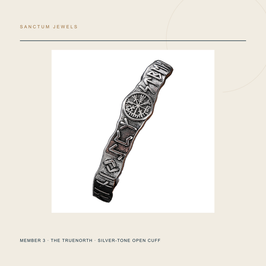 Silver-tone Truenorth compass-style open cuff included in The Three Silent Roads set