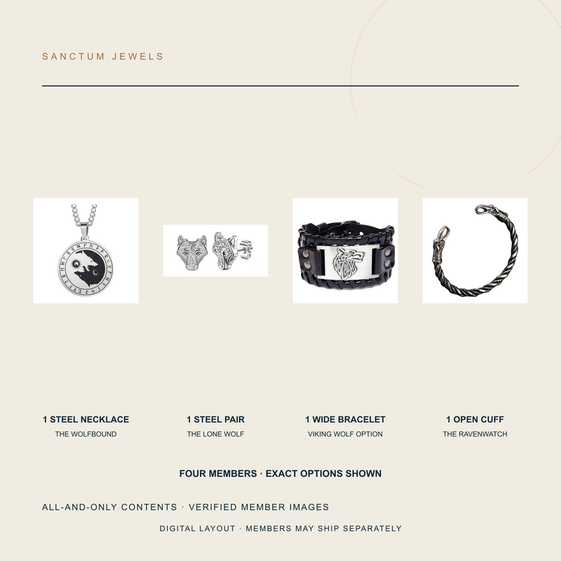 Digital all-and-only contents layout showing the four exact jewelry members in The Four Witnesses bundle