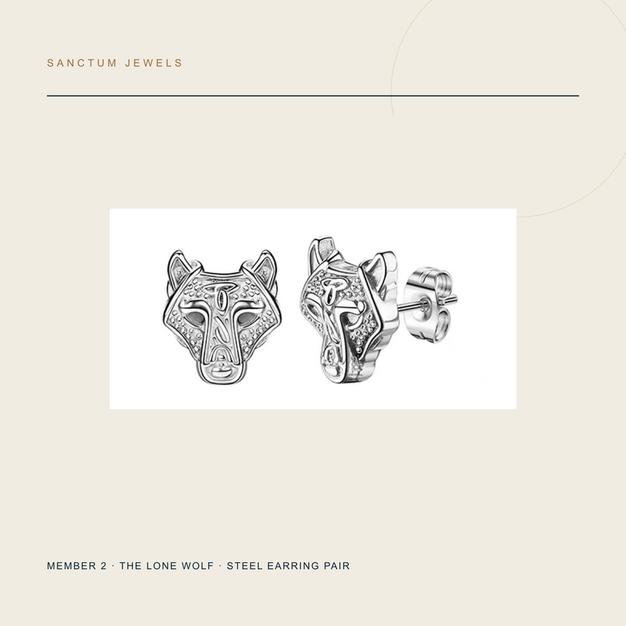 Steel Lone Wolf matching wolf-head-style stud earring pair included in The Four Witnesses bundle