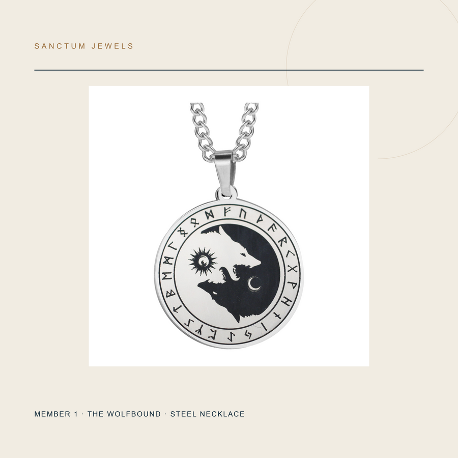 Steel Wolfbound twin-wolf medallion necklace included in The Four Witnesses bundle