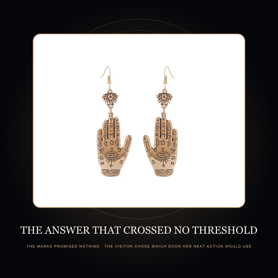 The Twin Wards Antique Gold earring pair in the fictional Answer That Crossed No Threshold story scene