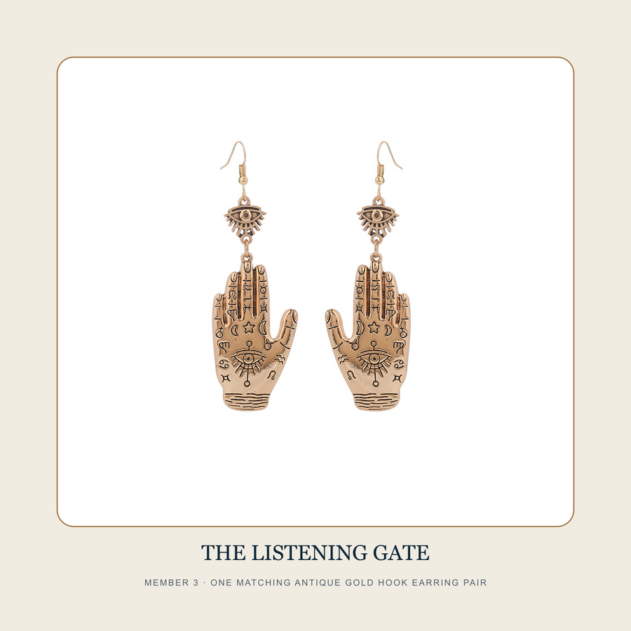 The Twin Wards matching Antique Gold hook earring pair included in The Three Open Gates bundle