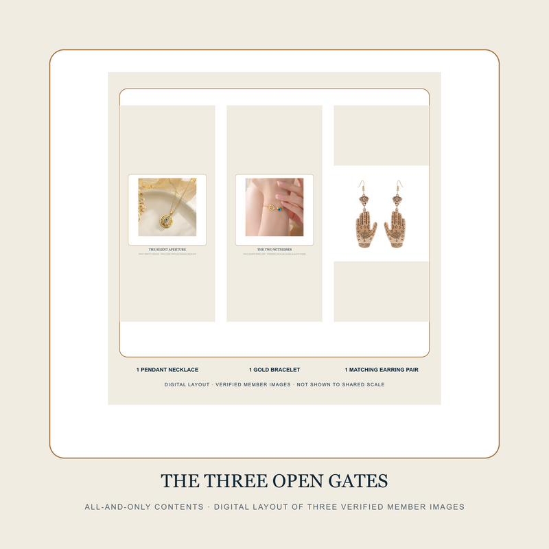 Digital all-and-only contents layout for The Three Open Gates showing one gold-tone pendant necklace one Gold Hand and Eye bracelet and one matching Antique Gold earring pair