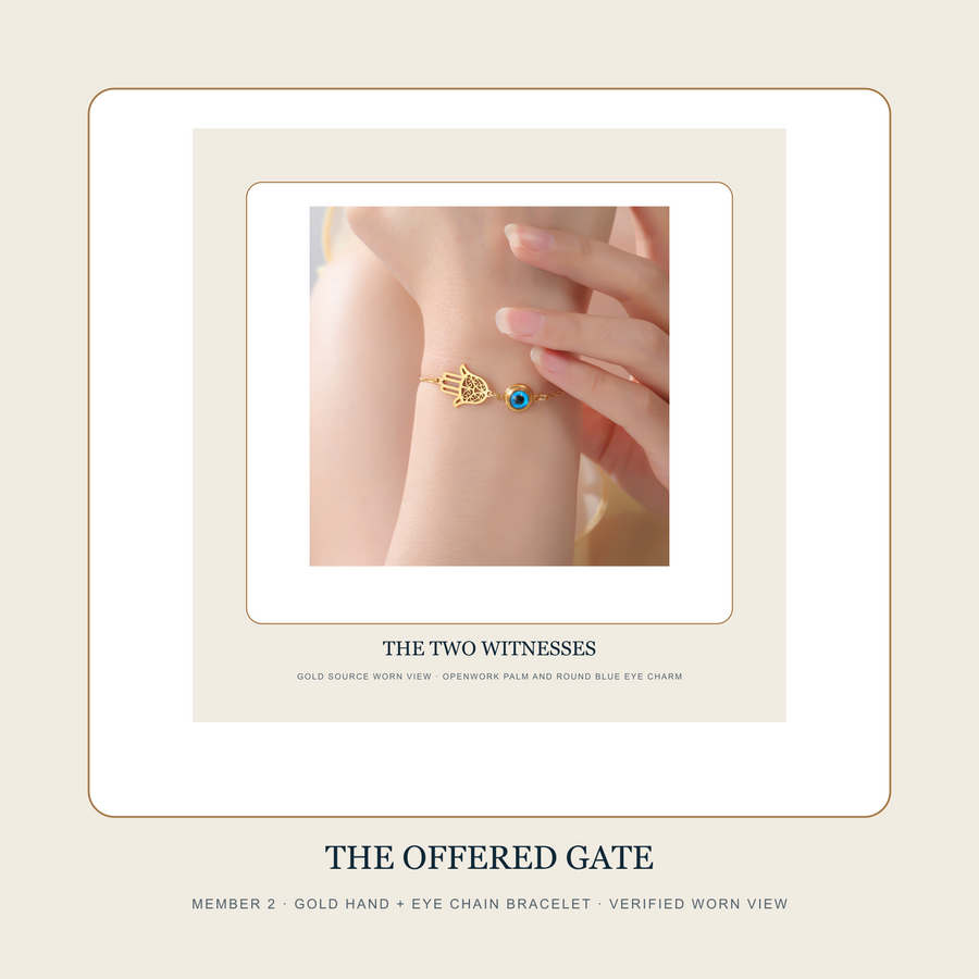 The Two Witnesses Gold Hand and Eye chain bracelet verified worn view included in The Three Open Gates bundle