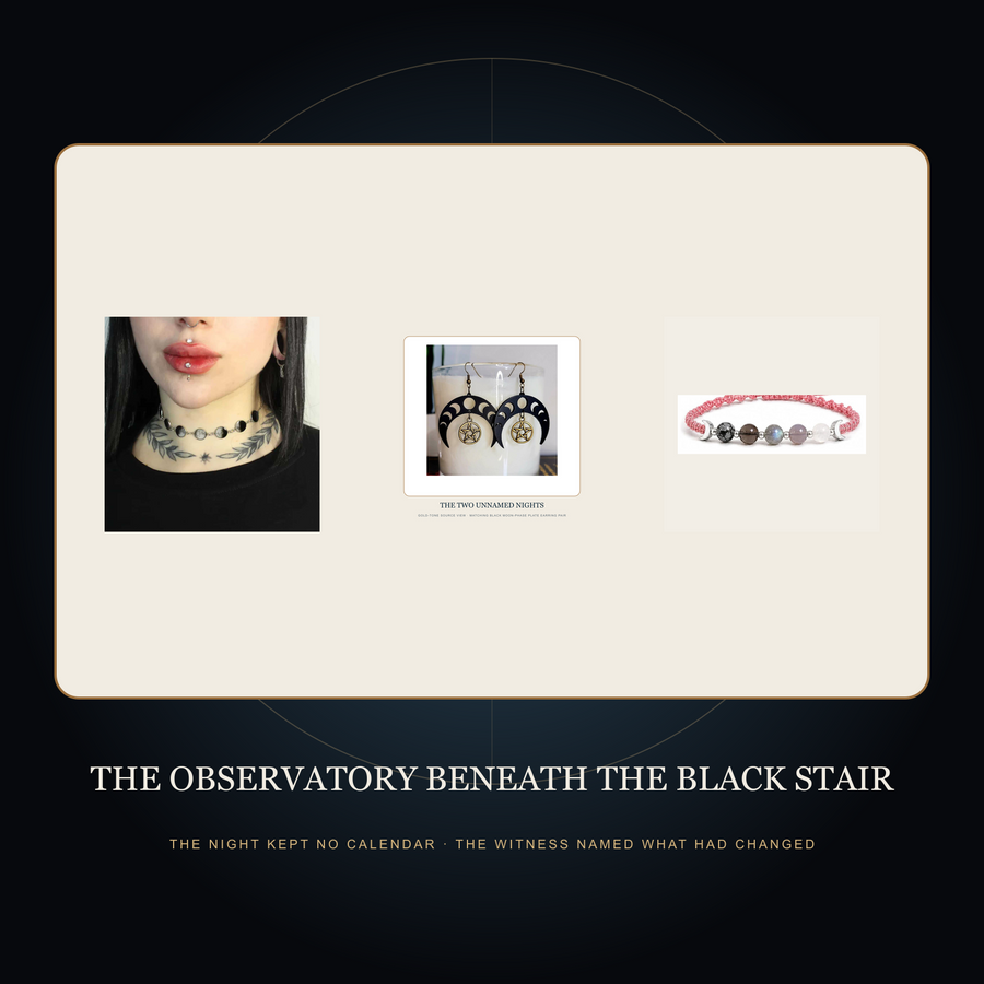 The three exact member products in the fictional Observatory Beneath the Black Stair scene