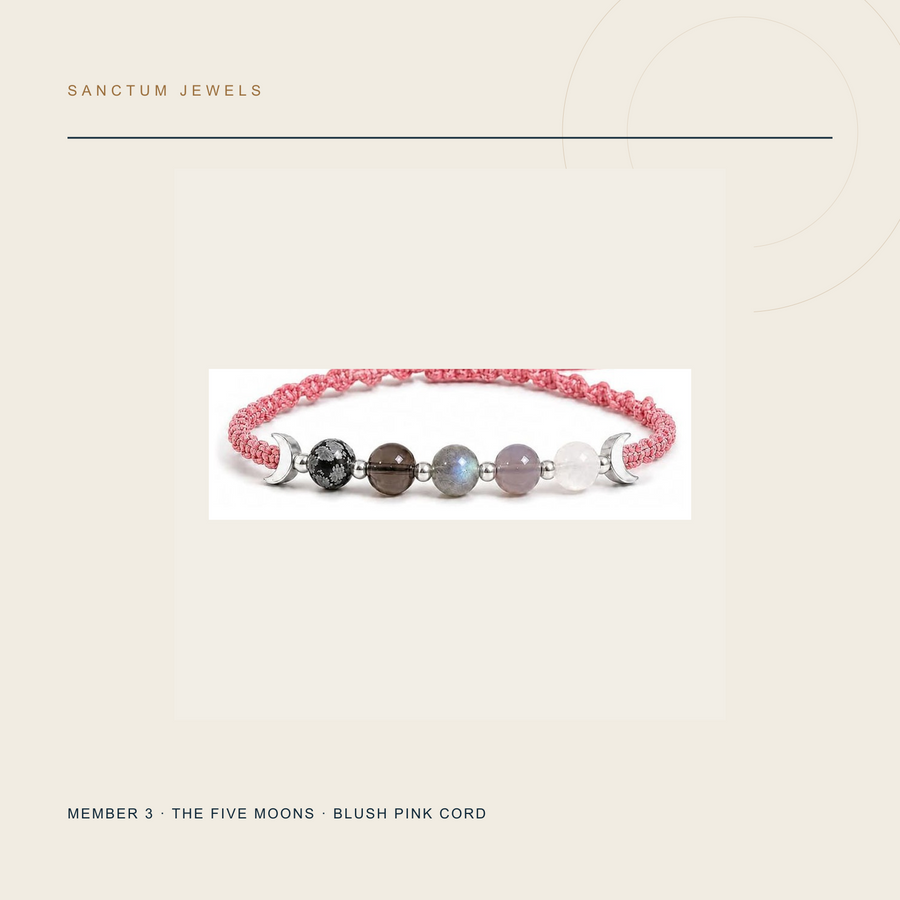 Blush Pink The Five Moons adjustable five-bead cord bracelet included in the set