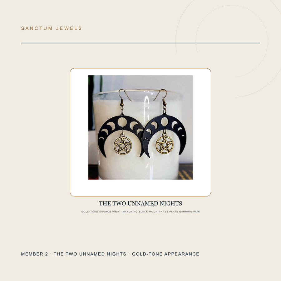 Gold-tone appearance of The Two Unnamed Nights black moon-sequence earring pair included in the set