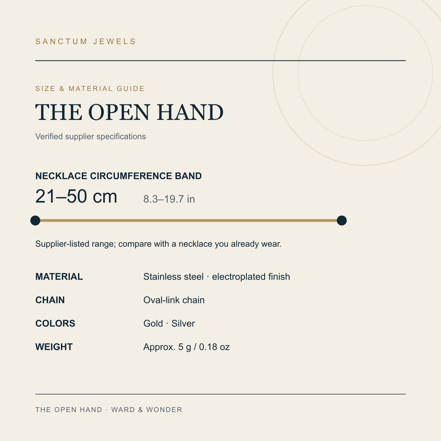The Open Hand necklace verified size, material, chain, color, and weight guide