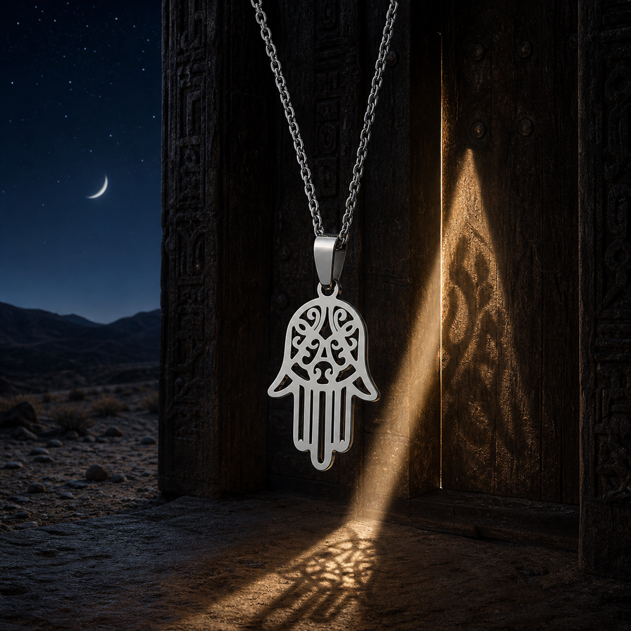The Open Hand necklace suspended at a moonlit threshold
