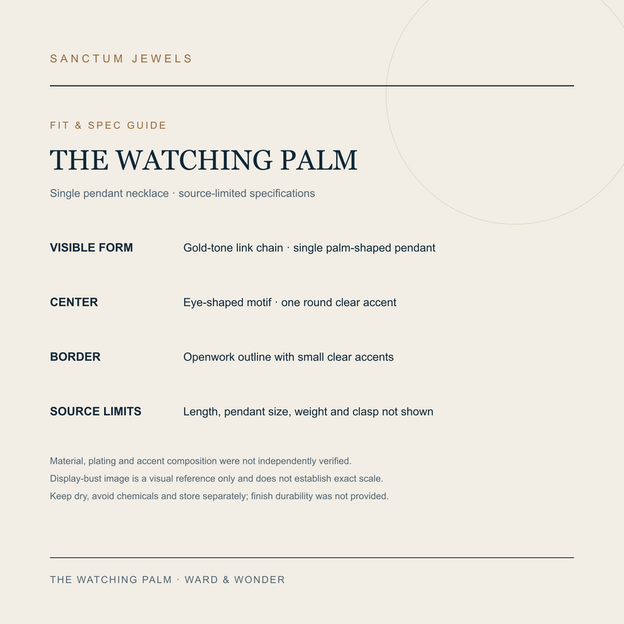 The Watching Palm — Gold-Tone Palm-and-Eye Pendant Necklace — fit spec guide