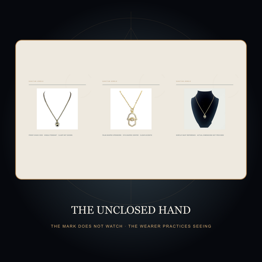 The Watching Palm — Gold-Tone Palm-and-Eye Pendant Necklace — the unclosed hand